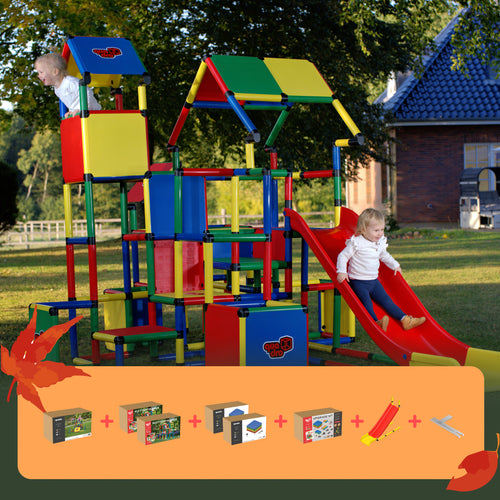 Kletterparkour + 2x Kletterpyramide + Upgrade Kit + Plattenset S + 1x Plattenset XXL + Modularrutsche + QUADRO Pro Schlüssel